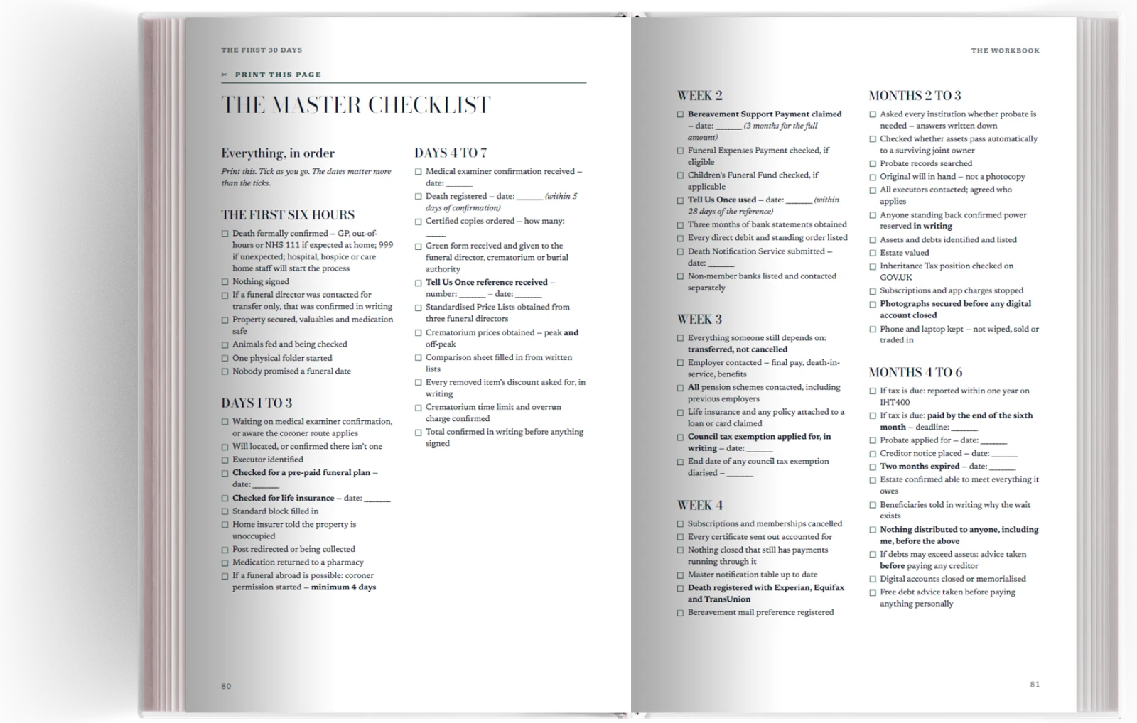 An open spread: the master checklist across weeks and months